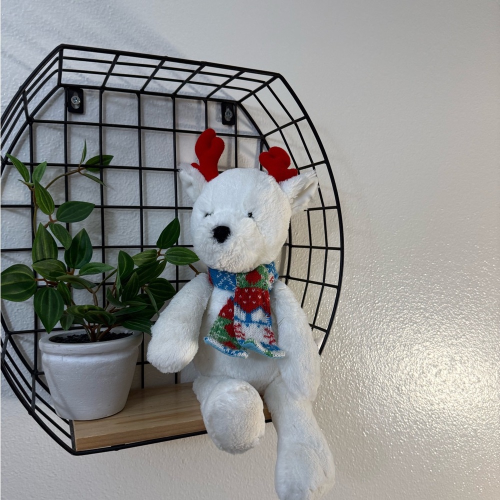 Festive White Plush Reindeer with Red Antlers